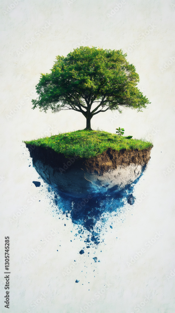 Poster Surreal image of a floating island with a tree and green grass, with the bottom part dissolving into blue particles