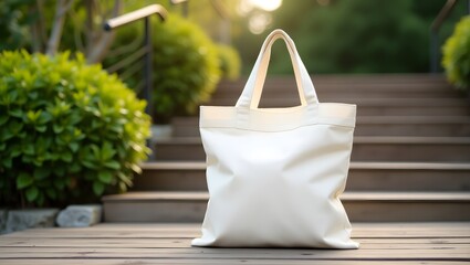 A photo of a white canvas tote bag sitting on a wooden deck, with lush green plants in the background