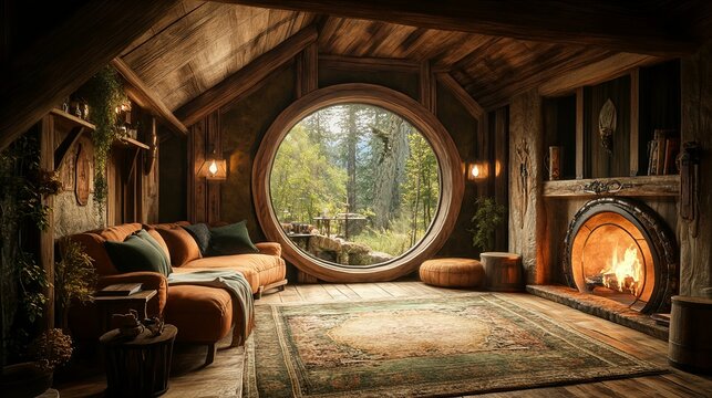 Fototapeta Cozy Rustic Cabin Living Room With Round Forest View