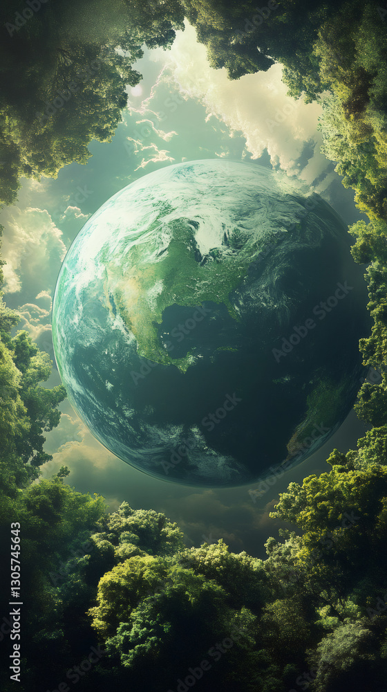 Poster lush green trees frame a breathtaking view of planet earth against a cloudy sky, symbolizing the imp