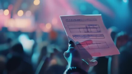 Entertainment industry professional holding and checking run sheet or setlist backstage at live music event with blurred crowd and stage in background