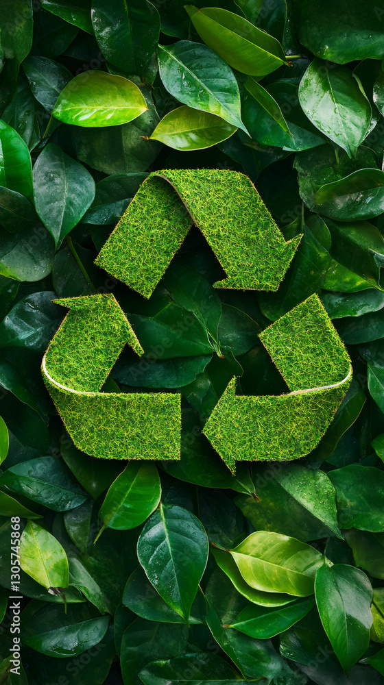 Poster recycle symbol made of grass resting on green leaves promotes environmental conservation and sustain