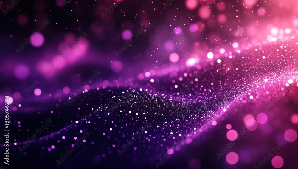 Poster abstract background with glowing particles in shades of purple and pink creating a mesmerizing wave 