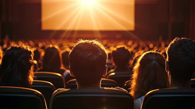 Back view of audience in a dimly lit theater, watching a bright screen. Low-angle shot captures the immersive video experience.