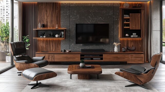 Modern living room, dark wood, comfortable seating, TV, spacious