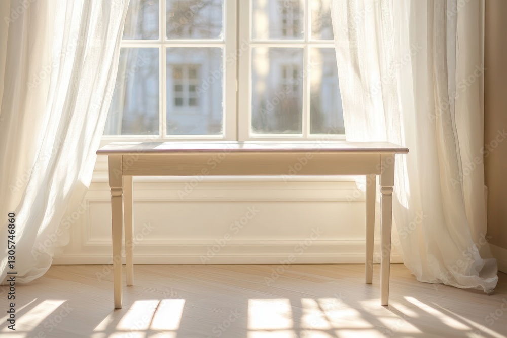 Aufkleber a table is positioned in front of a window adorned with a curtain.