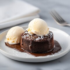 Molten chocolate cake dessert, vanilla ice cream, chocolate sauce, marble background, restaurant menu