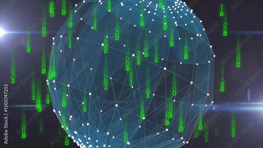 Poster green binary code cascading over digital network sphere in animation style