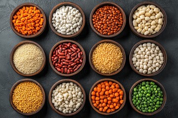 Variety of Colorful Dried Legumes and Grains Arranged in Wooden Bowls on Dark Background