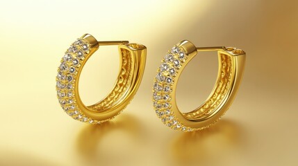 A luxurious pair of gold hoop earrings with diamonds, artistically arranged against a blurred golden gradient background.