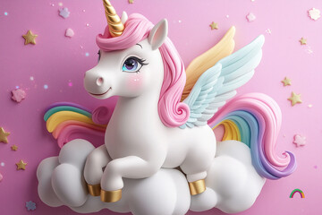 Naklejka premium Cute Unicorn on Cloud Trendy Illustration of Pony, one Unicorn Awesome Rainbow Colors in Greeting Card Beautiful Horse with One Horn Magical Unicorn as Lovely Background