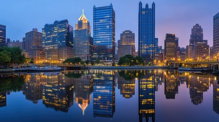 Naklejka premium City buildings illuminated at night, mirrored in tranquil water reflections.