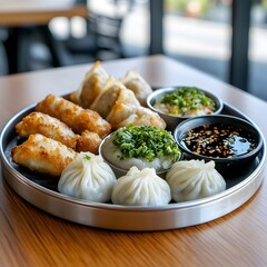 Restaurant dumplings platter, assorted, dipping sauces, wood table, blurred background, menu