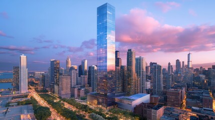 Obraz premium Futuristic skyscrapers rise against a pink dusk sky in a vibrant cityscape.