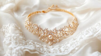 Beautifully detailed gold necklace with pearls and diamonds, placed on a white silk scarf.