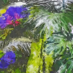 Various flowers, roses, peonies, tropical leaves, beautiful