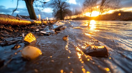 Fototapeta premium Sunset Over Flooded Street with Water and Debris Along the Path. Generative AI