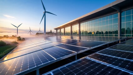 Sustainable energy solutions showcased at a modern facility with solar panels and wind turbines at sunrise