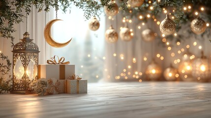 Festive Ramadan scene with gifts, lights, and crescent moon