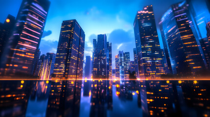 Fototapeta premium A high-tech cityscape at night with glowing skyscrapers reflecting on a smooth surface