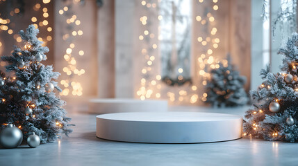 A cozy and luxurious Christmas-themed setup with a softly lit product pedestal, golden ornaments, and snowy Christmas trees