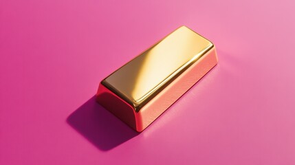 A polished gold bar placed on a neon pink background, reflecting bright golden hues