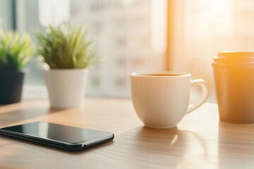 A well-lit modern workspace featuring a white coffee cup, a smartphone lying on the wooden desk, and potted plants near a bright window.