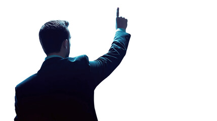 A Suited Man Interacting with a Digital Screen, A Suited Man Touching invisible Screen, Back View, Isolated on a Transparent Background