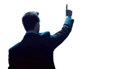 A Suited Man Interacting with a Digital Screen, A Suited Man Touching invisible Screen, Back View, Isolated on a Transparent Background