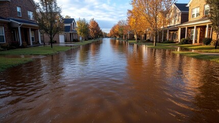 Obraz premium Flooded Neighborhood Streets with Residential Homes Submerged Under Water. Generative AI