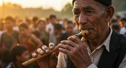 Elderly Man Playing Flute Crowd Sunset Cultural Event Portrait 4K