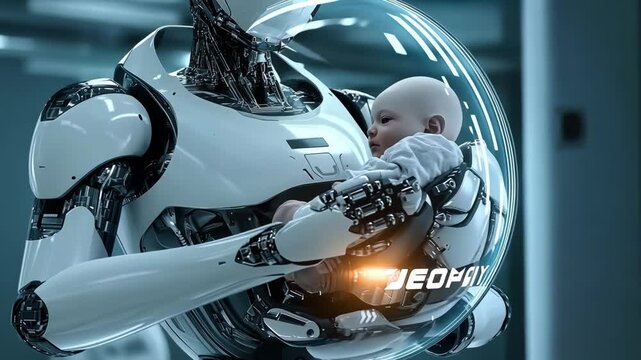 Futuristic robot gently holding human baby in transparent bubble