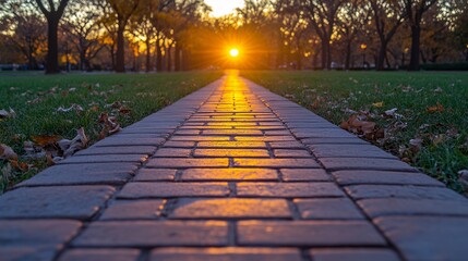 Walking Along a Brick Path at Sunset in a City Park