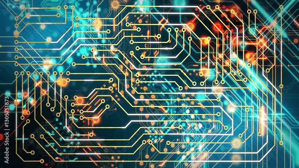 Poster designing circuit board with glowing lines over digital animation background