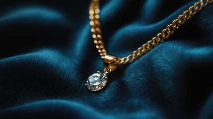 Fototapeta premium Close-up of an elegant gold necklace with diamond pendant, resting on a rich, deep blue velvet fabric.