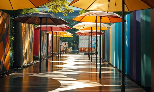 Vibrant yellow and orange parasols line an outdoor walkway surrounded by colorful walls, creating a picturesque setting with reflected sunshine patterns on the polished wooden floor, evoking a warm an