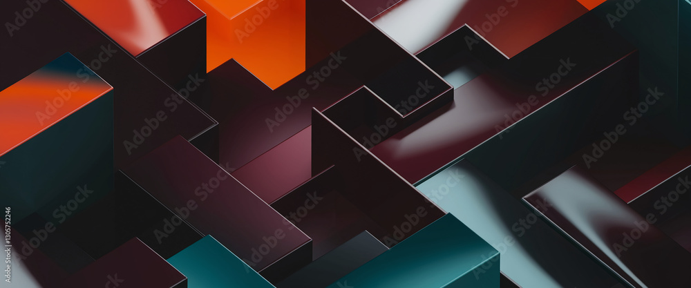 Poster abstract composition of glossy, geometric blocks in varying colors like red, orange, and green, arra