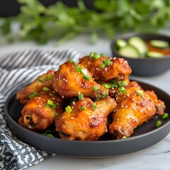Spicy glazed chicken wings, sesame garnish, kitchen setting, food blog recipe