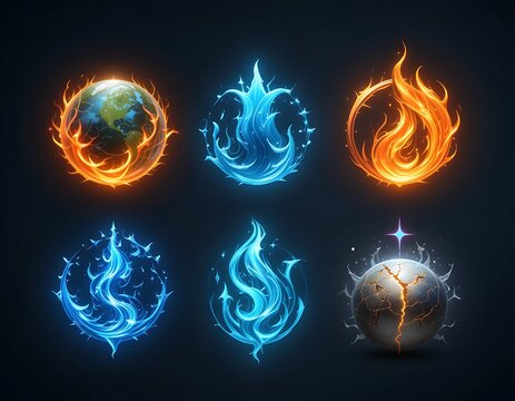 Fiery and Icy Elemental Icons Game Assets for Design