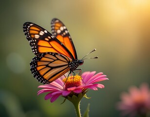 Fototapeta premium Monarch Butterfly on Pink Flower Sunset Nature Photography