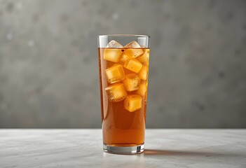 A plain glass of iced tea with ice cubes against a neutral background. No fruit or garnish, focusing on the simplicity and refreshing look of the amber-colored drink.