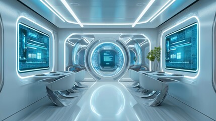 Futuristic minimalist restaurant with holographic menu displays, sleek white and chrome furniture, glowing blue accents, neon strip lighting, sci-fi style, ultra-detailed