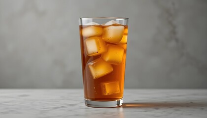 A plain glass of iced tea with ice cubes against a neutral background. No fruit or garnish, focusing on the simplicity and refreshing look of the amber-colored drink.