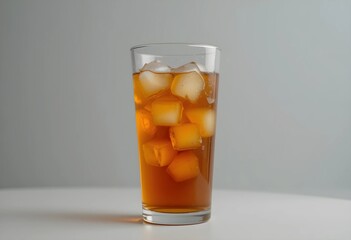 A plain glass of iced tea with ice cubes against a neutral background. No fruit or garnish, focusing on the simplicity and refreshing look of the amber-colored drink.