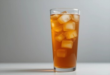 A plain glass of iced tea with ice cubes against a neutral background. No fruit or garnish, focusing on the simplicity and refreshing look of the amber-colored drink.