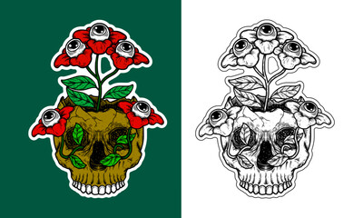 Skull Flower with Eyes Cartoon Sticker Illustration