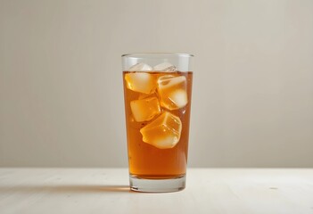 A plain glass of iced tea with ice cubes against a neutral background. No fruit or garnish, focusing on the simplicity and refreshing look of the amber-colored drink.