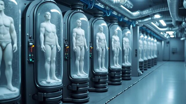 Futuristic Cryogenic Laboratory with Frozen Humans A high-tech sci-fi facility featuring advanced cryogenic chambers, medical research, or space travel.