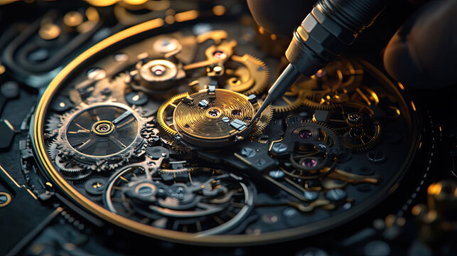 Close-up of watchmaker repairing intricate watch mechanism on dark workbench