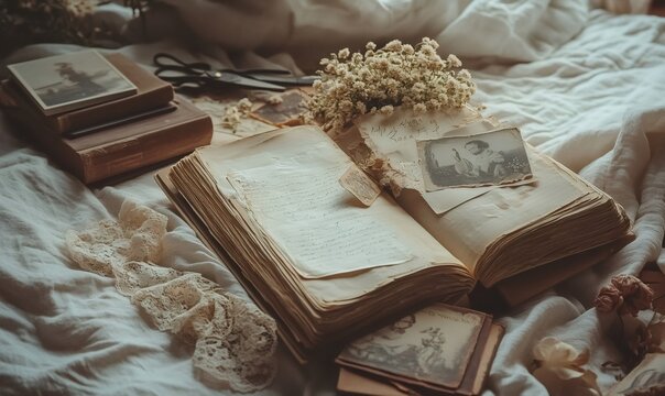 Open antique book displays handwritten text, vintage photos, dried flowers, and delicate lace on a linen background, evoking a sense of nostalgia and history